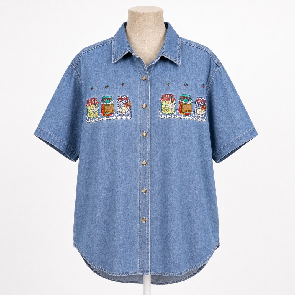 Vintage 90s Fruit Embroidered Denim Button Shirt Size M Canning Jam Jars Cottage